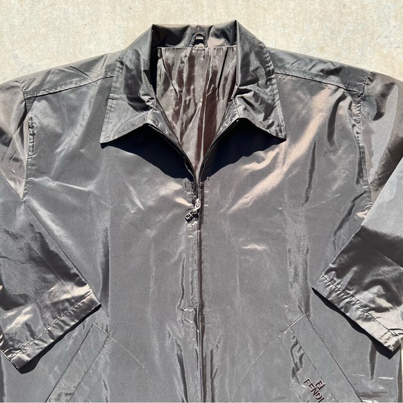 Womens vintage Fendi polyamide windbreaker jacket coat zip brown chocolate shiny - Picture 2 of 6